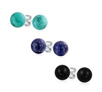Ensemble De Trois Grandes Boucles D'Oreilles Clous En Perles Rondes De 10MM En Lapis Turquoise Onyx Naturel En Argent Sterling .925 Pour Femmes Et Adolescentes