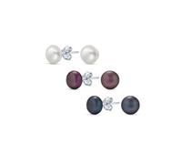 Ensemble de trois paires de boucles d'oreilles simples en perles de culture d'eau douce blanches, noires et marron chocolat pour femmes en argent sterling .925, 7MM.