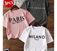 Ensemble de trois pièces de T-shirts à col rond imprimés décontractés à manches courtes pour l'été, pour les élèves et les jeunes enfants - Des T-shirts colorés apportent de la joie et du bonheur à ch