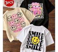 Ensemble de trois pièces de t-shirts à manches courtes col rond imprimés décontractés pour filles pour l'été, pour les élèves et les adolescents. Des t-shirts colorés apportent de la joie et du bonheu