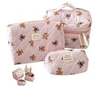 Ensemble de Trousse de Maquillage Ours matelassé 3 pièces - Organiseur cosmétiques Mignon avec Trousse Toilette Voyage à Fermeture éclair pour Femmes et Filles, Style 1