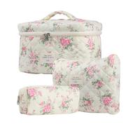 Ensemble de Trousse de Toilette Esthétique - 3 Pièces Sac de Voyage Floral, Rangement de Pinceaux de Maquillage en Coton Mignon, Organisateur Cosmétique avec Fleurs, Sacs de Toilette de Voyage pour