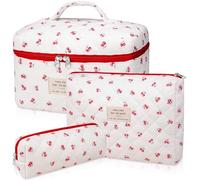 Ensemble de trousses de maquillage matelassées, grande trousse de maquillage florale pour femme, trousse de maquillage mignonne en coton, trousse de toilette de voyage à motif floral (rose sol), Rouge