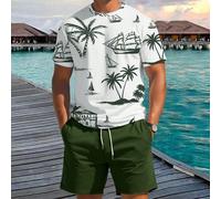 Ensemble de vacances pour hommes composé d'un t-shirt à manches courtes imprimé palmiers d'été et d'un short à cordon de serrage à la taille. Tenue confortable pour les vacances. L,M,S,XL,XXLTropicalT