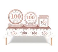 Ensemble de vaisselle 53 pièces pour fête d'anniversaire de 100 ans - Nappe en plastique, assiettes en carton, serviettes - Kit de décoration pour femme et fille - Or rose