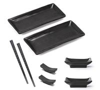Ensemble de Vaisselle à Sushi 8 pièces, Assiette à Sushi en Ardoise pour 2 Personnes avec Bols à Trempette,Vaisselle Japonaise,Banc de rangement, Bols à Trempette, Assiettes en ardoise,21 × 10 cm,Noir