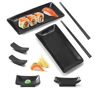 Ensemble de Vaisselle à Sushi, Service Sushi, Vaisselle à Sushi avec Baguettes, Supports pour Baguettes, avec 2 Paires de Baguettes, 2 Supports pour Baguettes, 2 Assiettes, 2 Assiettes à Dip, Noir