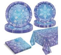 Ensemble de vaisselle d’hiver flocon de neige pour 20 invités, comprend des assiettes en papier, des serviettes, une nappe pour les filles Princesse Fête Noël Vacances d’hiver Décorations de fête
