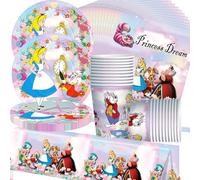 Ensemble de Vaisselle D'anniversaire princesse,Alice Décorations et Accessoires de Fête pour 20 Personnes, Assiettes pour fêtes D'enfants de Fête de assiettes, tasses et serviettes,nappe