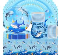 Ensemble de vaisselle de 61 pièces pour fête d'anniversaire sur le thème des requins sous-marins, y compris assiettes, gobelets en carton, serviettes et nappes.