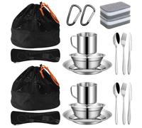 Ensemble de vaisselle de camping complète avec tasses, assiettes, bols, ustensiles, éponge de nettoyage et sac de transport, kit de désordre extérieur en acier inoxydable pour deux personnes