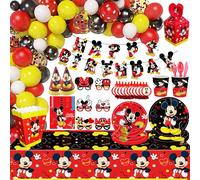 Ensemble de vaisselle de décoration d'anniversaire Mickey Mouse, assiettes, tasses, nappe, bannière de ballons, sacs cadeaux, chapeaux, fournitures de fête pour enfants 6 pièces soufflées