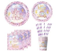 Ensemble de vaisselle de fête d'anniversaire au motif de princesse château - 60 ans - Avec assiettes en carton - Serviettes roses - Pailles - Convient pour les fêtes d'anniversaire de princesse