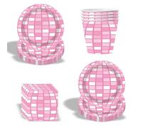 Ensemble de vaisselle de fête disco rose - Kit de décoration d'anniversaire - Vaisselle de fête d'anniversaire d'enfant - Décoration d'anniversaire - Décoration de fête - Rose et blanc - 2