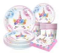 Ensemble de vaisselle de fête licorne - Décoration d'anniversaire - Avec assiettes, gobelets, serviettes pour fête d'anniversaire d'enfant - Accessoires de fête - Ensemble de décoration pour garçon et