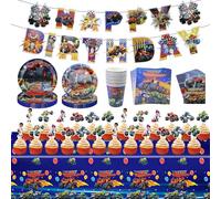 Ensemble de Vaisselle de Fête Monster Truck Anniversaire D'enfant Décoration D'anniversaire Assiettes en Papier Gobelets Nappe Serviettes Carte D'invitation Bannière Côtelettes de Gâteau