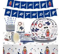 Ensemble de vaisselle de fête pirate - Assiettes en carton - Décoration d'anniversaire d'enfant - Couverts - Comprend assiettes, serviettes, tasses, pailles (pour 16 invités) - Assiettes en carton