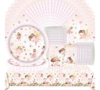 Ensemble de vaisselle de fête pour 20 invités - Doyomtoy Princess Flower Fairy Serve - Nappes, assiettes, tasses, serviettes pour accessoires de fête d'anniversaire