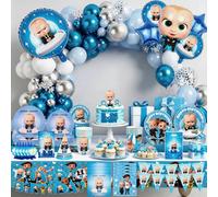 Ensemble de vaisselle de fête pour bébé bleu à motifs de dessins animés, bannière, ballon, gobelet, assiette, serviette, toile de fond, décorations et fournitures pour fête d'anniversaire 63pcs set