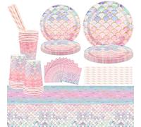 Ensemble de Vaisselle de Fête Sirène, 81 Pièces - Encuryna - Sirène - Anniversaire - Rose - Dessins Animés - 16 Assiettes de 22 cm, 16 Assiettes de 17 cm, 16 Serviettes, 16 Tasses, 16 Pailles, 1 Nappe