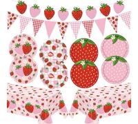 Ensemble de Vaisselle de fête sur Le thème des Fraises pour 1er Anniversaire, 44 pièces : Assiettes de 18 cm, Nappe « Berry Sweet » 130 x 218 cm, Banderole pour Filles, Articles pour Baby Shower