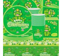 Ensemble de vaisselle Frog Forest Party 61 pièces, thème animalier, couleurs vert étang, décorations d'anniversaire, sets de table, gobelets en papier, serviettes, assiettes en papier, pour 20 invités