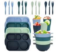 Ensemble de vaisselle incassable pour 4 personnes, 24 pièces d'assiettes divisées en plastique, ensemble de couverts, ensemble de vaisselle réutilisable pour adultes, enfants, école, bureau, fête