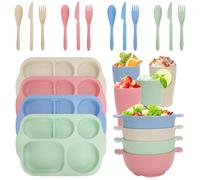 Ensemble de vaisselle incassable pour 4 personnes, 24 pièces d'assiettes divisées en plastique, ensemble de couverts, ensemble de vaisselle réutilisable pour adultes, enfants, école, bureau, fête