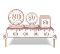 Ensemble de vaisselle jetable 53 pièces or rose avec inscription « Happy 80th Birthday » - Nappe en plastique, assiettes en carton, serviettes - Décorations de table d'anniversaire jetables pour femme