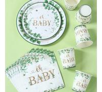 Ensemble de vaisselle jetable de 40 pièces/set avec thème "Oh Ba By", couverts en papier de style feuilles d'eucalyptus, pour décoration d'anniversaire, décoration de baby shower, décoration de révéla