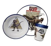Ensemble de vaisselle réutilisable pour enfants bicolore - Set composé de 3 pièces: assiette, bol et verre pour enfants et bébé avec base antidérapante - Sans BPA (pour JURASSIC WORLD)