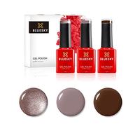 Ensemble de vernis à ongles en gel bluesky, boîte en chocolat, fausse fourrure 80538, robe en satin QXG313, moka A008, 3 x 5 ml, marron, paillettes, foncée (nécessite des UV ou un tour UV ou un tour)