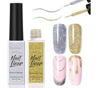 Ensemble De Vernis À Ongles Gel Liner - 8ml, 2 Couleurs Paillettes Argent Or Gel Nail Art Paint Soak Off Uv Durcissement Intégré Conception D'art De Bricolage De Brosse À Ongles Mince