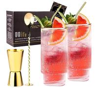 Ensemble de Verre Gin Tonic Highball avec Jantes Dorées | Accessoires Cocktail en Or | 2 Verres Cocktail, 2 x Pailles en Métal, Cuillère de Bar, Mesureur d'alcool | Livre électronique de recettes