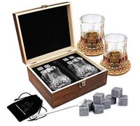 Ensemble de Verres à Whisky - Coffret Cadeau Bois - 8 Glaçons en Pierre Réutilisables - Lot de 2 Verres Cristal à Bar pour Homme & Femme - 2 Dessous-Verres - Idée Cadeau pour Tous Festivals.