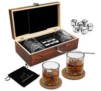 Ensemble de Verres à Whisky de 2 - Pierre à Whisky Acier Réutilisables Set -8 Whiskey Stones - Glaçons Scotch Rocks Pinces, sous-Verres, Pierres de Réfrigération & Verres à Bar-Coffret Cadeau Bois.