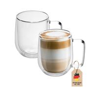 Intirilife 2X Set de Verres Thermo à Double paroi -150-200ml- soufflés à la Bouche et isolés pour Espresso Cappuccino, Verres à thé Verres à café Tasses à Latte, Effet de lévitation avec Anse