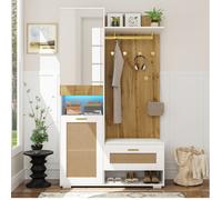 Ensemble de vestiaire avec miroir, 5 crochets dorés, rangement à chaussures, banc et éclairage LED 16 couleurs