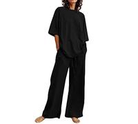 Ensemble de Vêtements 2 Pièces Femme Coton et Lin Ete Pas Cher Chic Elegant Grande Taille T-Shirt Top + Pantalon Large Costume Décontracté Sport Jogging Respirant Plage Tops + Pantalon Suit