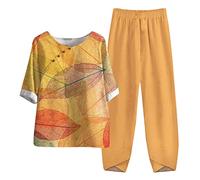 Ensemble de Vêtements 2 Pièces Femme Elegante D'été Imprimé Floral T-Shirt Manches 3/4 + Pantalon Large Taille Haute Pas Cher D'Intérieur Jogging Tenue de Sport Chic Costume 2 Pièces