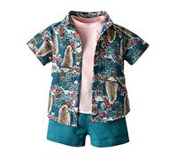 Ensemble de Vêtements Complet d'été pour Enfant Garcon 1-6 Ans, Highdi 3 Pièces Coton Imprimé Hawaiana Florale Chemise à Manche Courte, T-shirt, Short avec Poches (120cm,Vert+Rose)