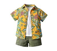 Ensemble de Vêtements Complet d'été pour Enfant Garcon 1-6 Ans, Highdi 3 Pièces Coton Imprimé Hawaiana Florale Chemise à Manche Courte, T-shirt, Short avec Poches (130cm,Jaune+Blanc)
