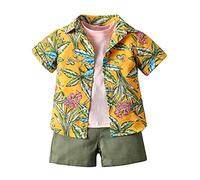 Ensemble de Vêtements Complet d'été pour Enfant Garcon 1-6 Ans, Highdi 3 Pièces Coton Imprimé Hawaiana Florale Chemise à Manche Courte, T-shirt, Short avec Poches (130cm,Jaune+Rose)