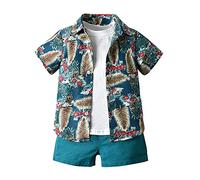 Ensemble de Vêtements Complet d'été pour Enfant Garcon 1-6 Ans, Highdi 3 Pièces Coton Imprimé Hawaiana Florale Chemise à Manche Courte, T-shirt, Short avec Poches (90cm,Vert+Blanc)