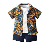 Ensemble de Vêtements Complet d'été pour Enfant Garcon 1-6 Ans, Highdi 3 Pièces Coton Imprimé Hawaiana Florale Chemise à Manche Courte, T-shirt, Short avec Poches (100cm,Bleu+Blanc)