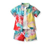Ensemble de Vêtements Complet d'été pour Enfant Garcon 1-6 Ans, Highdi 3 Pièces Coton Imprimé Mode et Coloré Chemise à Manche Courte, T-shirt, Short avec Poches (Vert,80cm)