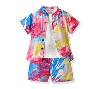 Ensemble de Vêtements Complet d'été pour Enfant Garcon 1-6 Ans, Highdi 3 Pièces Coton Imprimé Mode et Coloré Chemise à Manche Courte, T-shirt, Short avec Poches (Rose,130cm)