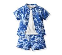 Ensemble de Vêtements Complet d'été pour Enfant Garcon 1-6 Ans, Highdi 3 Pièces Coton Imprimé Mode et Coloré Chemise à Manche Courte, T-shirt, Short avec Poches (Bleu Marin,120cm)