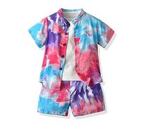 Ensemble de Vêtements Complet d'été pour Enfant Garcon 1-6 Ans, Highdi 3 Pièces Coton Imprimé Mode et Coloré Chemise à Manche Courte, T-shirt, Short avec Poches (Bleu,100cm)
