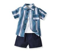 Ensemble de Vêtements Complet d'été pour Enfant Garcon 1-6 Ans, Highdi 3 Pièces Coton Imprimé Rayure Plaid Chemise à Manche Courte, T-shirt, Short avec Poches (90cm,Rayures Bleues)